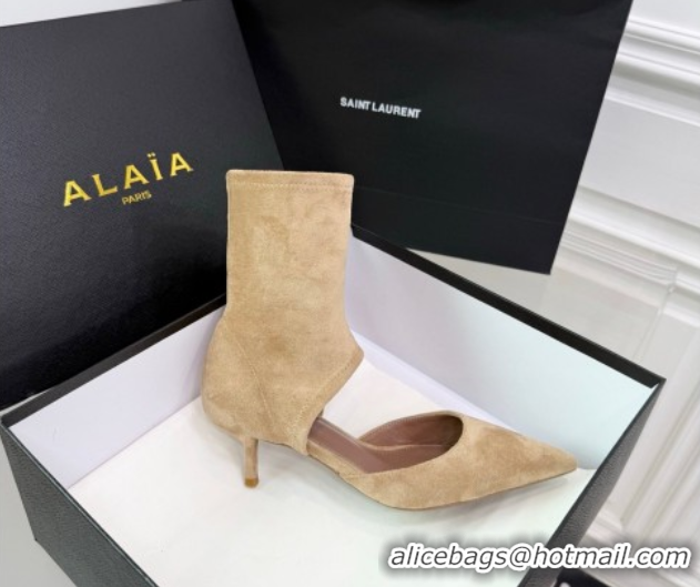 Durable Alaia Low Heel Boots 6cm in Stretch Suede Beige AL070905 0827111