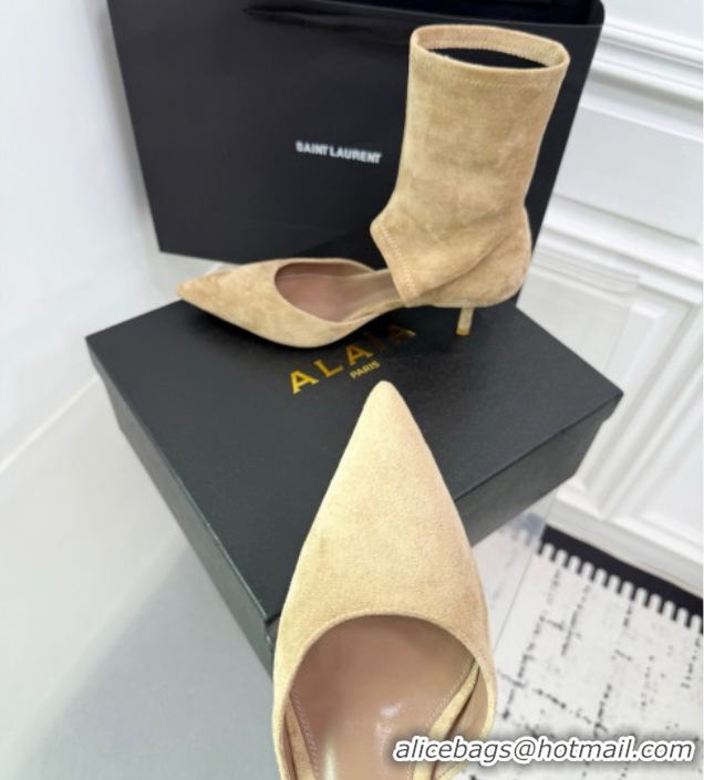 Durable Alaia Low Heel Boots 6cm in Stretch Suede Beige AL070905 0827111