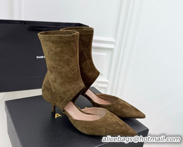 Luxury Cheap Alaia Low Heel Boots 6cm in Stretch Suede Green AL070905 0827112