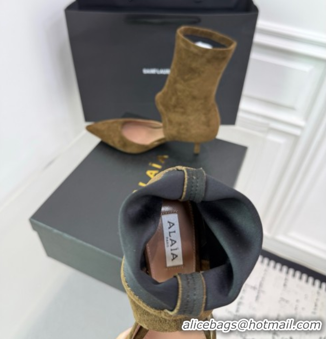 Luxury Cheap Alaia Low Heel Boots 6cm in Stretch Suede Green AL070905 0827112