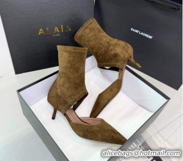 Luxury Cheap Alaia Low Heel Boots 6cm in Stretch Suede Green AL070905 0827112