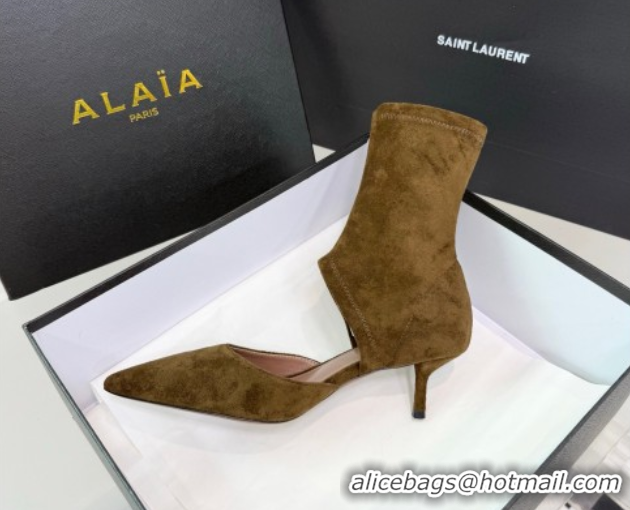 Luxury Cheap Alaia Low Heel Boots 6cm in Stretch Suede Green AL070905 0827112