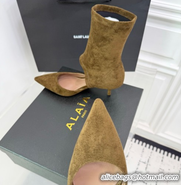 Luxury Cheap Alaia Low Heel Boots 6cm in Stretch Suede Green AL070905 0827112