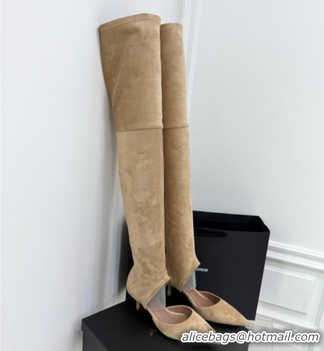 Top Grade Alaia Heel Thigh High Boots 6cm in Stretch Suede Beige AL070905 0827116