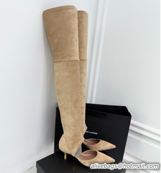 Top Grade Alaia Heel Thigh High Boots 6cm in Stretch Suede Beige AL070905 0827116
