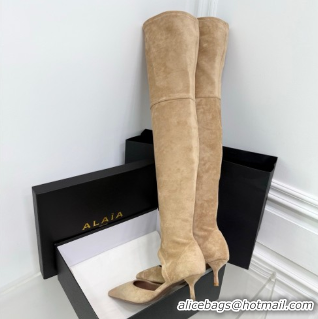 Top Grade Alaia Heel Thigh High Boots 6cm in Stretch Suede Beige AL070905 0827116