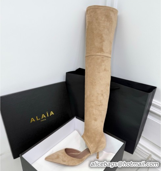 Top Grade Alaia Heel Thigh High Boots 6cm in Stretch Suede Beige AL070905 0827116