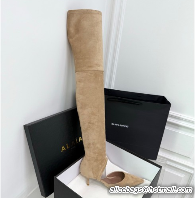 Top Grade Alaia Heel Thigh High Boots 6cm in Stretch Suede Beige AL070905 0827116