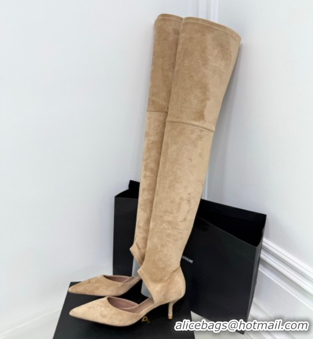 Top Grade Alaia Heel Thigh High Boots 6cm in Stretch Suede Beige AL070905 0827116