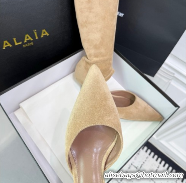 Top Grade Alaia Heel Thigh High Boots 6cm in Stretch Suede Beige AL070905 0827116