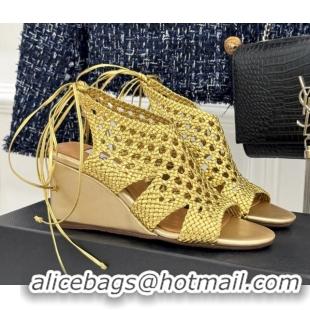 Best Grade Alaia Weave Leather Wedge Sandals 10.5cm Heel A091601 Gold 091601