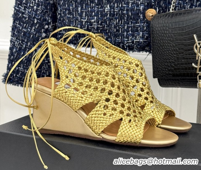 Best Grade Alaia Weave Leather Wedge Sandals 10.5cm Heel A091601 Gold 091601