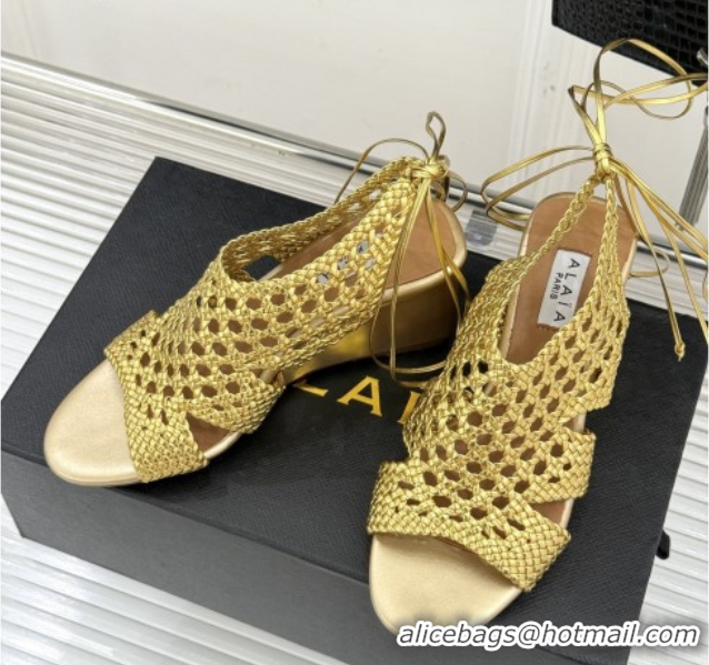 Best Grade Alaia Weave Leather Wedge Sandals 10.5cm Heel A091601 Gold 091601