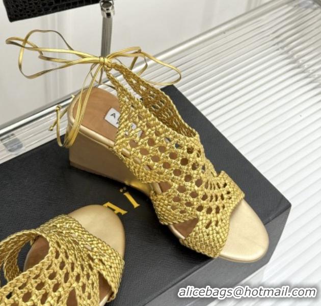 Best Grade Alaia Weave Leather Wedge Sandals 10.5cm Heel A091601 Gold 091601