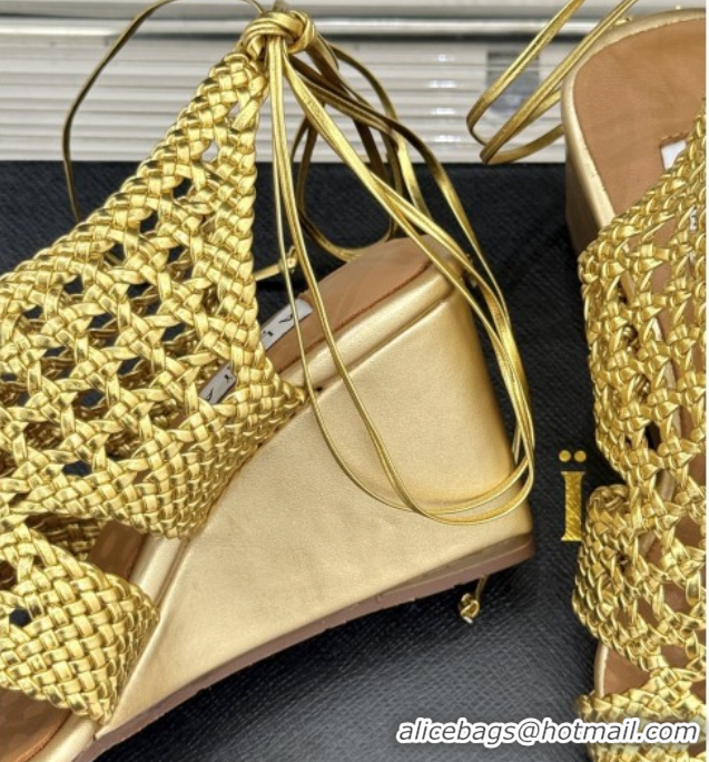 Best Grade Alaia Weave Leather Wedge Sandals 10.5cm Heel A091601 Gold 091601