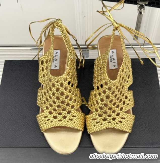Best Grade Alaia Weave Leather Wedge Sandals 10.5cm Heel A091601 Gold 091601