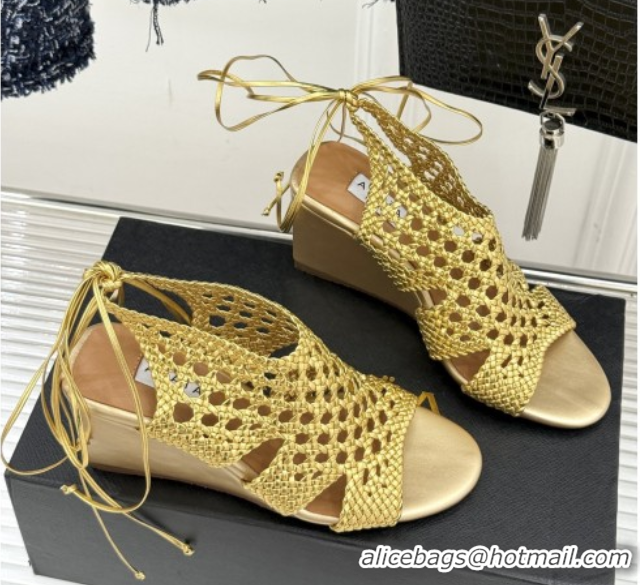 Best Grade Alaia Weave Leather Wedge Sandals 10.5cm Heel A091601 Gold 091601