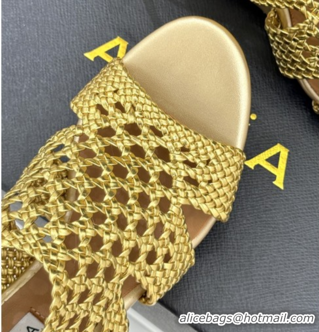 Best Grade Alaia Weave Leather Wedge Sandals 10.5cm Heel A091601 Gold 091601