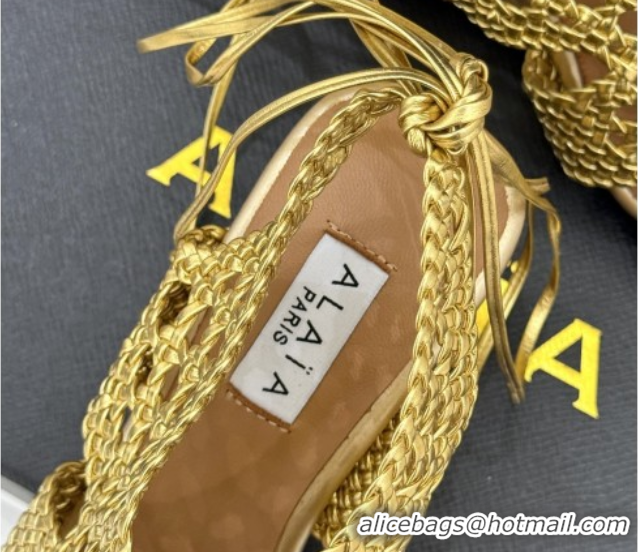 Best Grade Alaia Weave Leather Wedge Sandals 10.5cm Heel A091601 Gold 091601