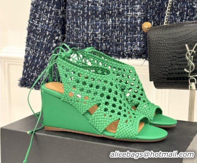 Shop Duplicate Alaia Weave Leather Wedge Sandals 10.5cm Heel A091602 Green 091602