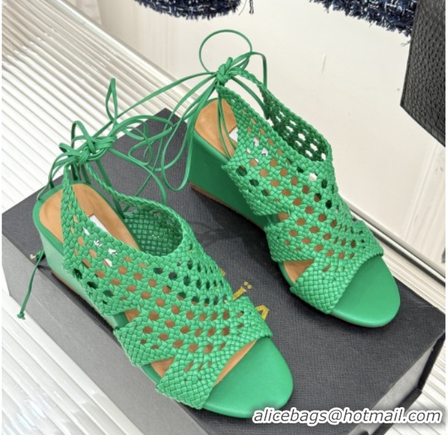 Shop Duplicate Alaia Weave Leather Wedge Sandals 10.5cm Heel A091602 Green 091602