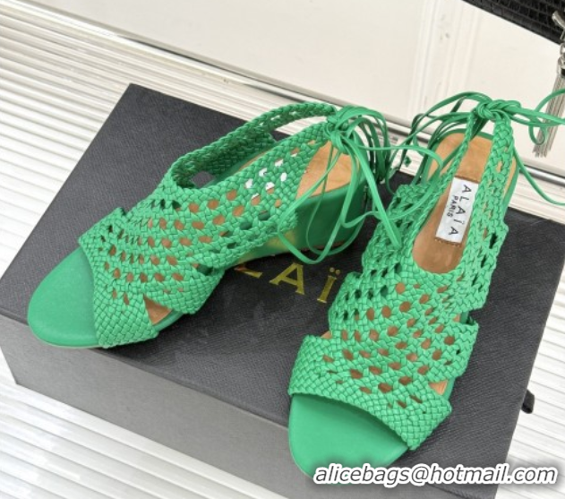 Shop Duplicate Alaia Weave Leather Wedge Sandals 10.5cm Heel A091602 Green 091602