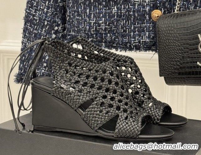 Low Price Alaia Weave Leather Wedge Sandals 10.5cm Heel A091603 Black