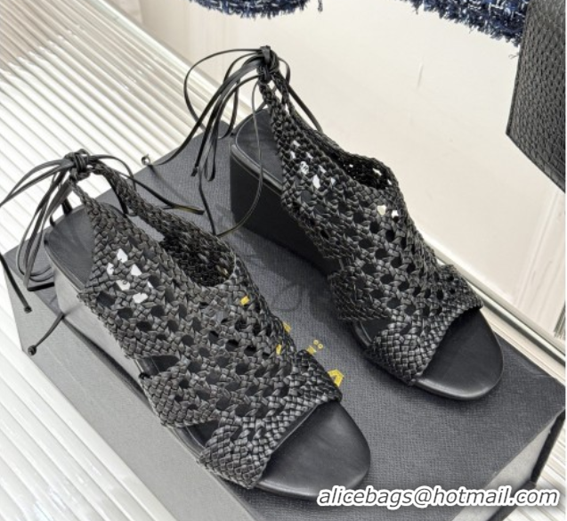 Low Price Alaia Weave Leather Wedge Sandals 10.5cm Heel A091603 Black
