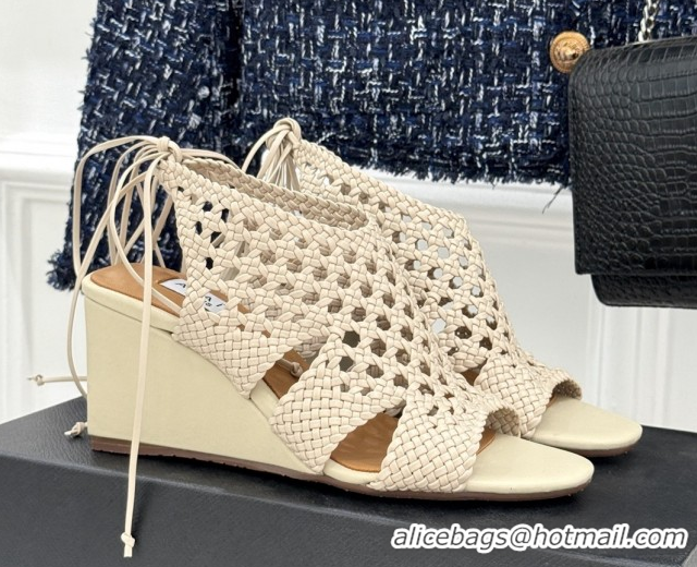Luxurious Alaia Weave Leather Wedge Sandals 10.5cm Heel A091605 Beige