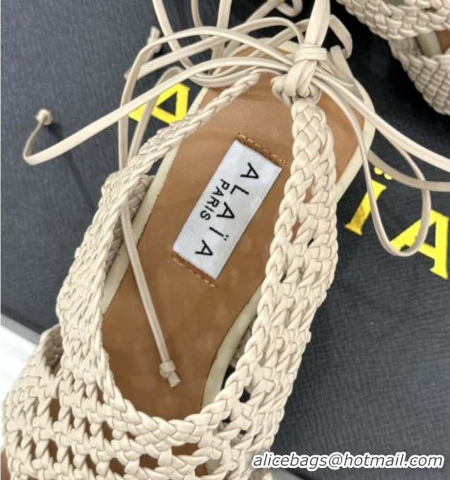 Luxurious Alaia Weave Leather Wedge Sandals 10.5cm Heel A091605 Beige