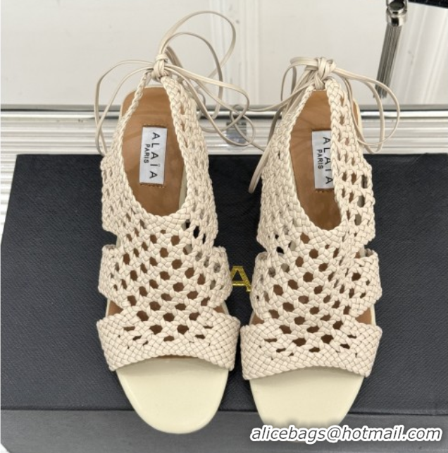 Luxurious Alaia Weave Leather Wedge Sandals 10.5cm Heel A091605 Beige