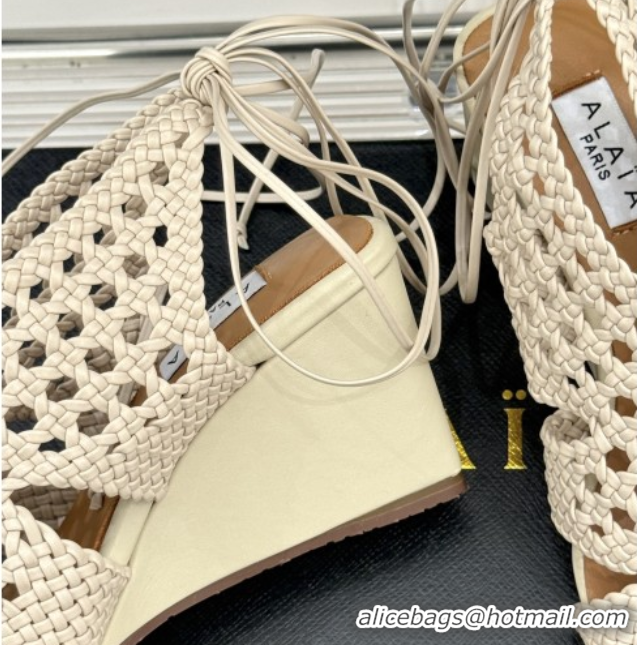 Luxurious Alaia Weave Leather Wedge Sandals 10.5cm Heel A091605 Beige
