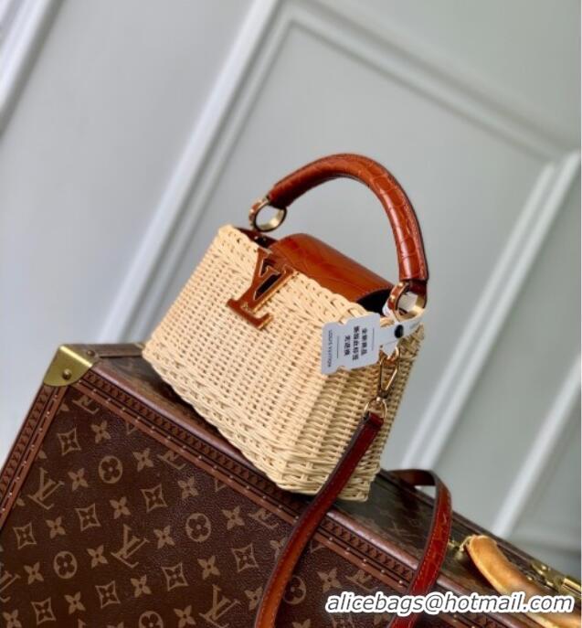 New Product Louis Vuitton Capucines Mini Bag in Cowhide and Rattan N88126 Brown 2025