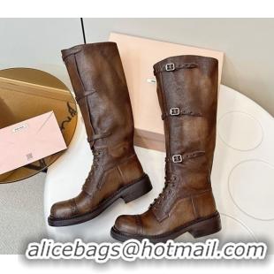 Classic Hot Miu Miu Leather High Boots with Strap Buckle Cocoa Brown 5W315E 50826013