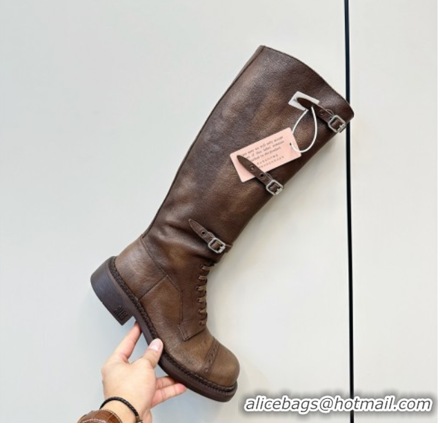 Classic Hot Miu Miu Leather High Boots with Strap Buckle Cocoa Brown 5W315E 50826013