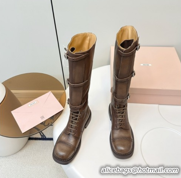 Classic Hot Miu Miu Leather High Boots with Strap Buckle Cocoa Brown 5W315E 50826013