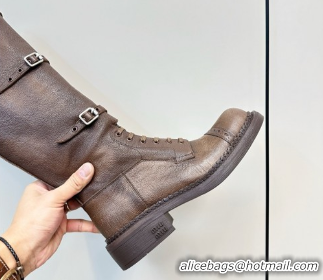 Classic Hot Miu Miu Leather High Boots with Strap Buckle Cocoa Brown 5W315E 50826013