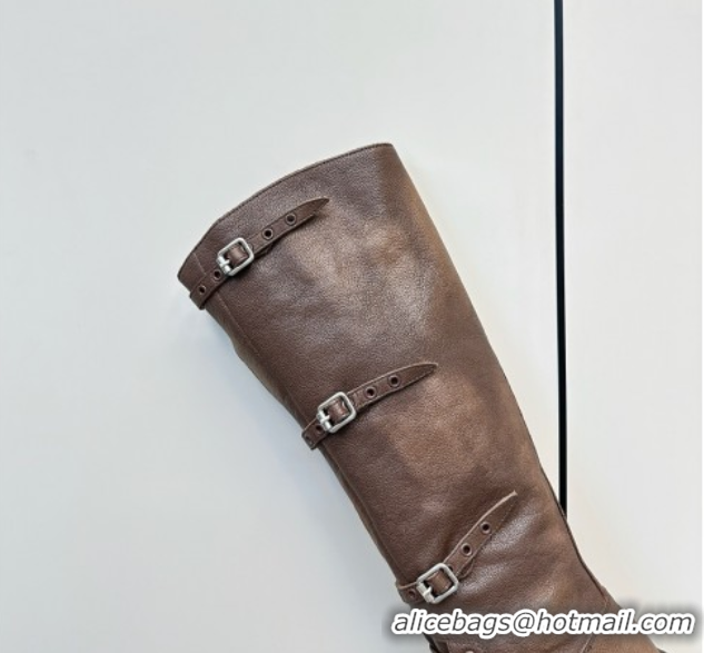 Classic Hot Miu Miu Leather High Boots with Strap Buckle Cocoa Brown 5W315E 50826013