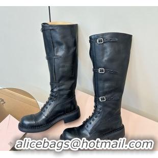 Unique Style Miu Miu Leather High Boots with Strap Buckle Black 5W315E 50826014