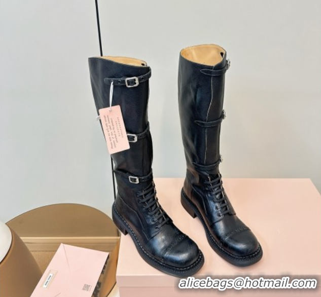 Unique Style Miu Miu Leather High Boots with Strap Buckle Black 5W315E 50826014