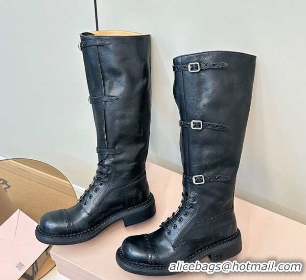 Unique Style Miu Miu Leather High Boots with Strap Buckle Black 5W315E 50826014