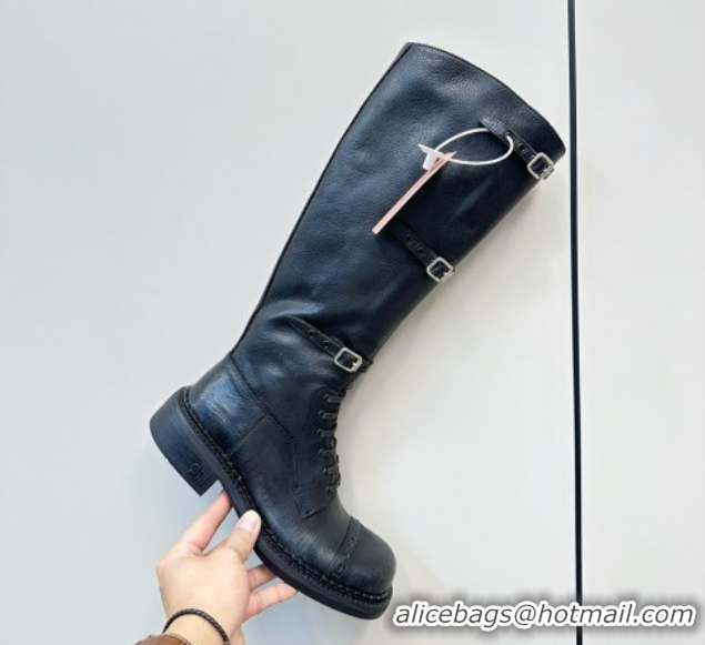 Unique Style Miu Miu Leather High Boots with Strap Buckle Black 5W315E 50826014