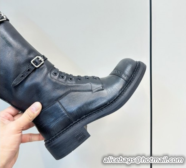Unique Style Miu Miu Leather High Boots with Strap Buckle Black 5W315E 50826014