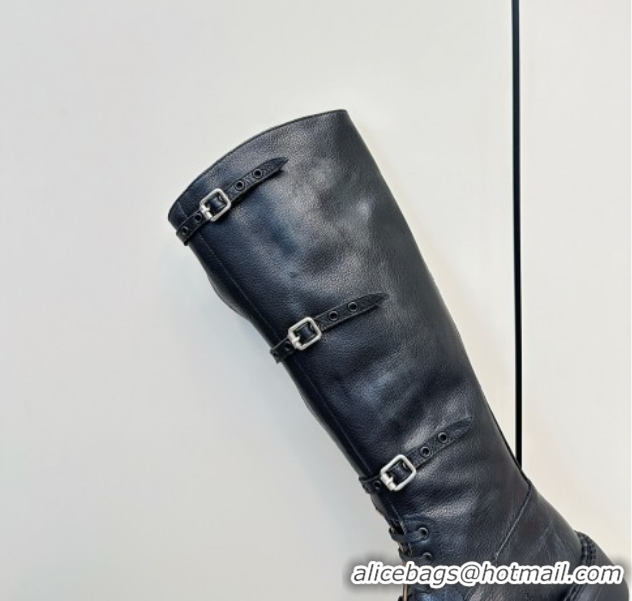 Unique Style Miu Miu Leather High Boots with Strap Buckle Black 5W315E 50826014