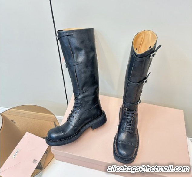 Unique Style Miu Miu Leather High Boots with Strap Buckle Black 5W315E 50826014