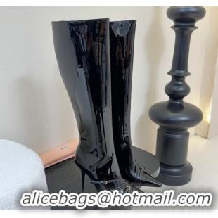Fashion Luxury Miu Miu Patent Leather High Heel Boots with Strap Buckle Black MIU082603 0826017
