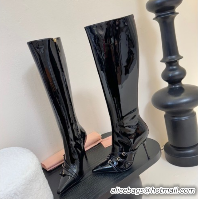 Fashion Luxury Miu Miu Patent Leather High Heel Boots with Strap Buckle Black MIU082603 0826017