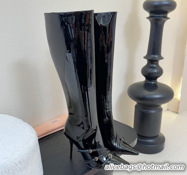 Fashion Luxury Miu Miu Patent Leather High Heel Boots with Strap Buckle Black MIU082603 0826017