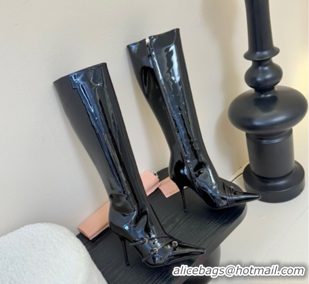 Fashion Luxury Miu Miu Patent Leather High Heel Boots with Strap Buckle Black MIU082603 0826017