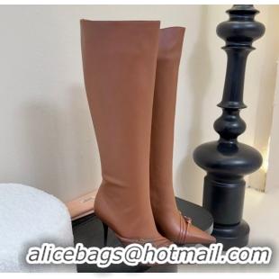 Best Product Miu Miu Leather High Heel Boots with Strap Buckle Brown MIU082603 0826018